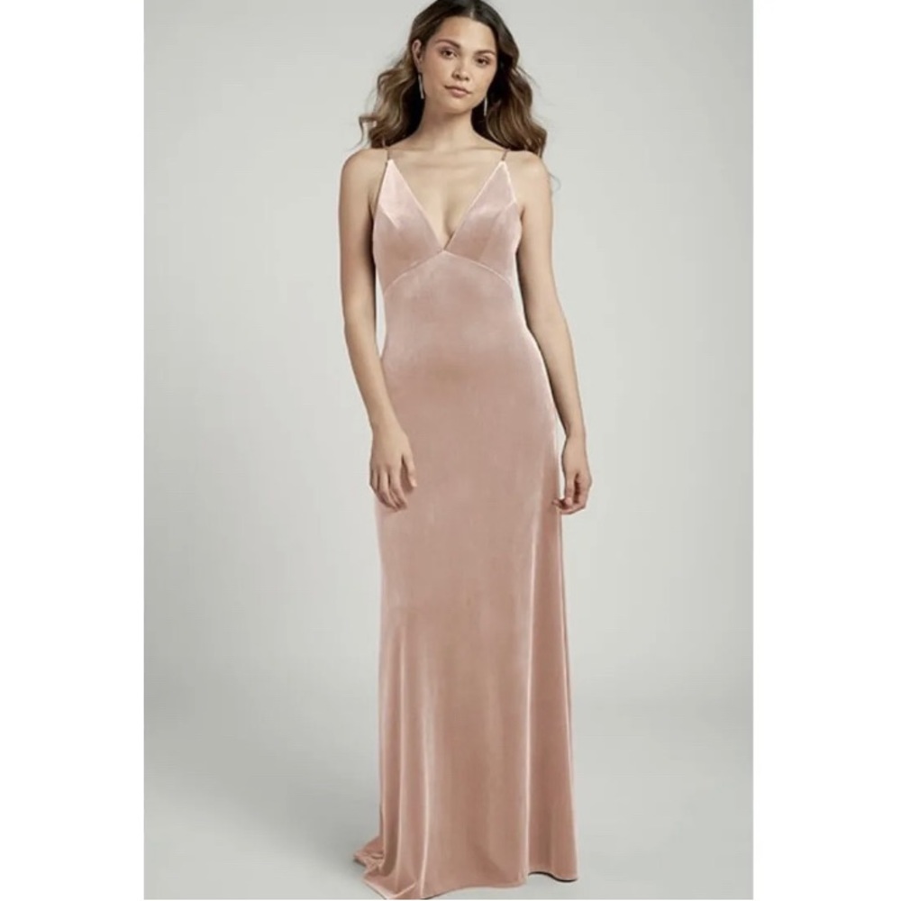 Jenny Yoo Melanie Prosecco Mocha Brown Velour Spaghetti Formal Dress Sz 8